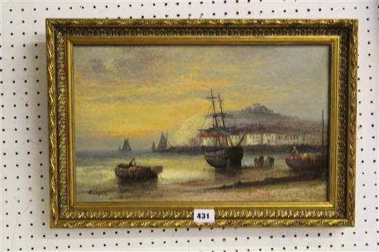 H Cooper oil Whitby - beach/harbour scene